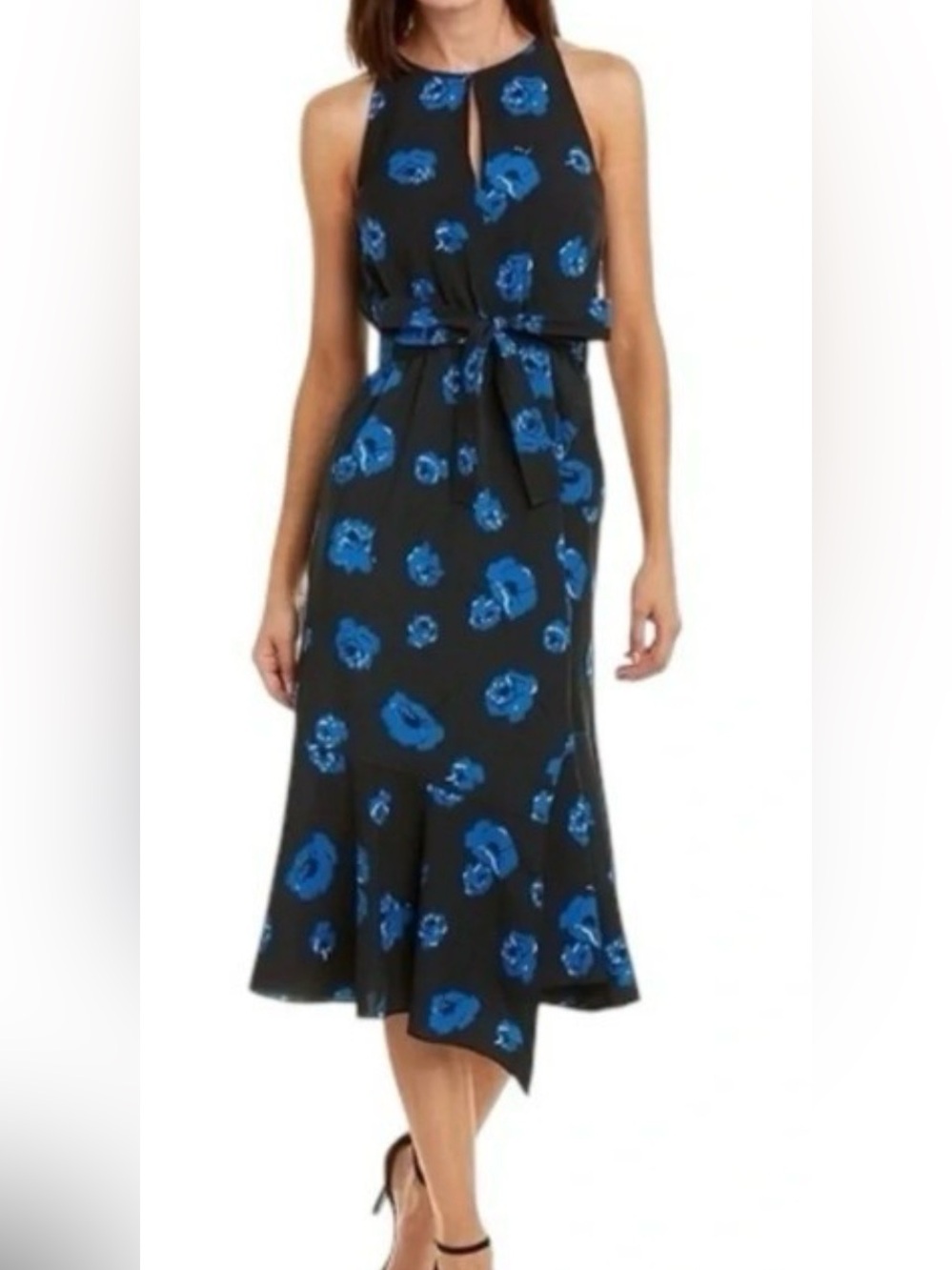Derek Lam Black Midi Dress with Blue Floral Print